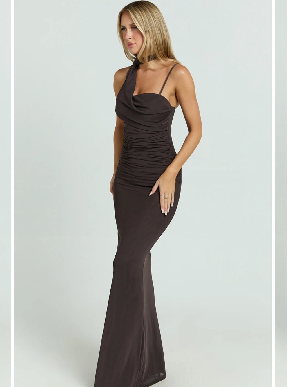 Showpo One-Shoulder Chocolate Brown Ruched Evening Dress
